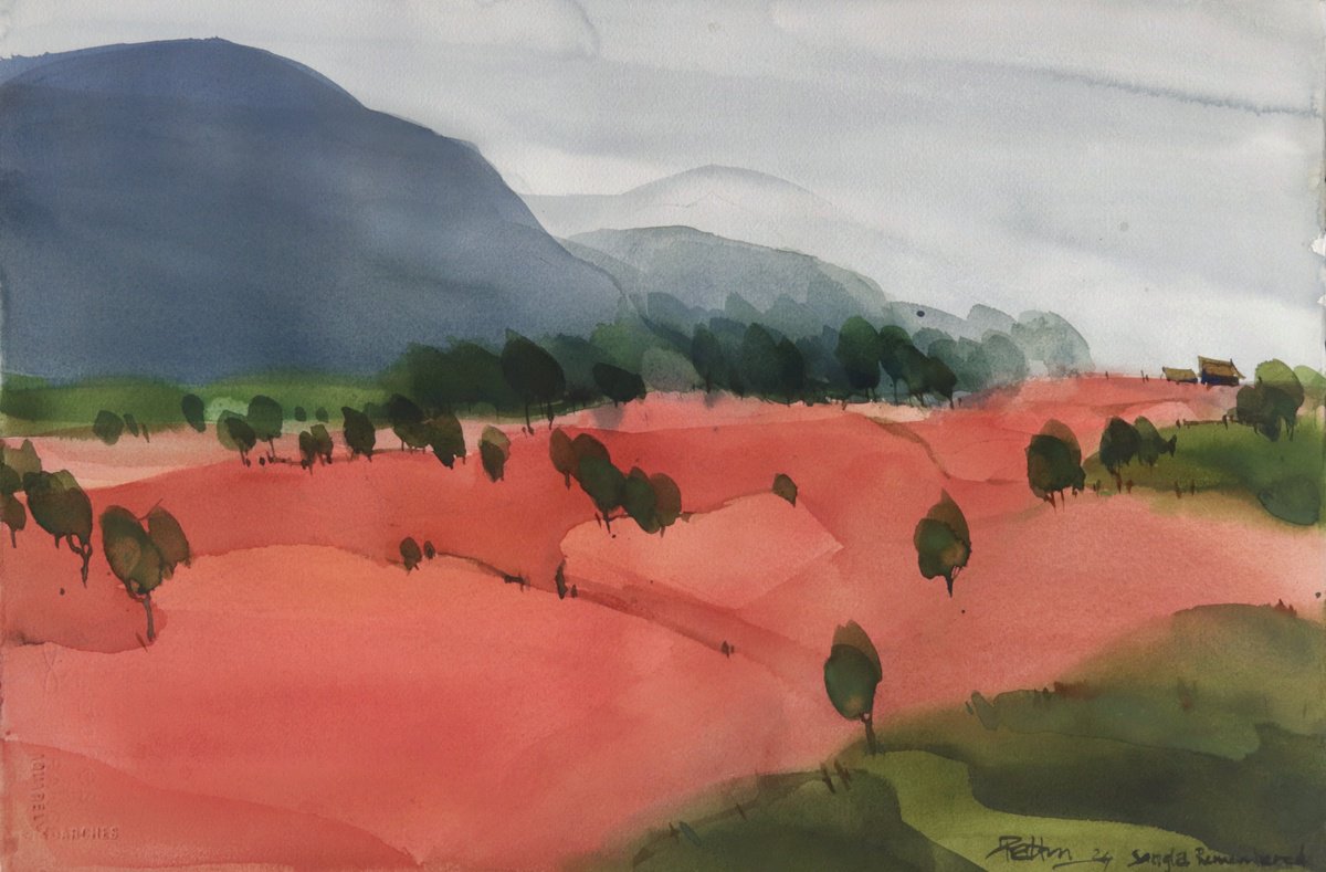 Impressionistic Landscape Watercolour By Prashant Prabhu, 22 X 15", Earth Red, Flower Fields, Original Artwork