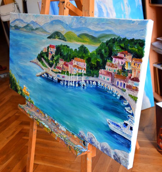 Ships seascape large oil painting on canvas, Greece panorama, coastal home decor