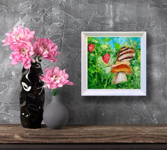 Snail Painting Mushroom Original Art Strawberry Wall Art Small Artwork Oil Impasto Painting