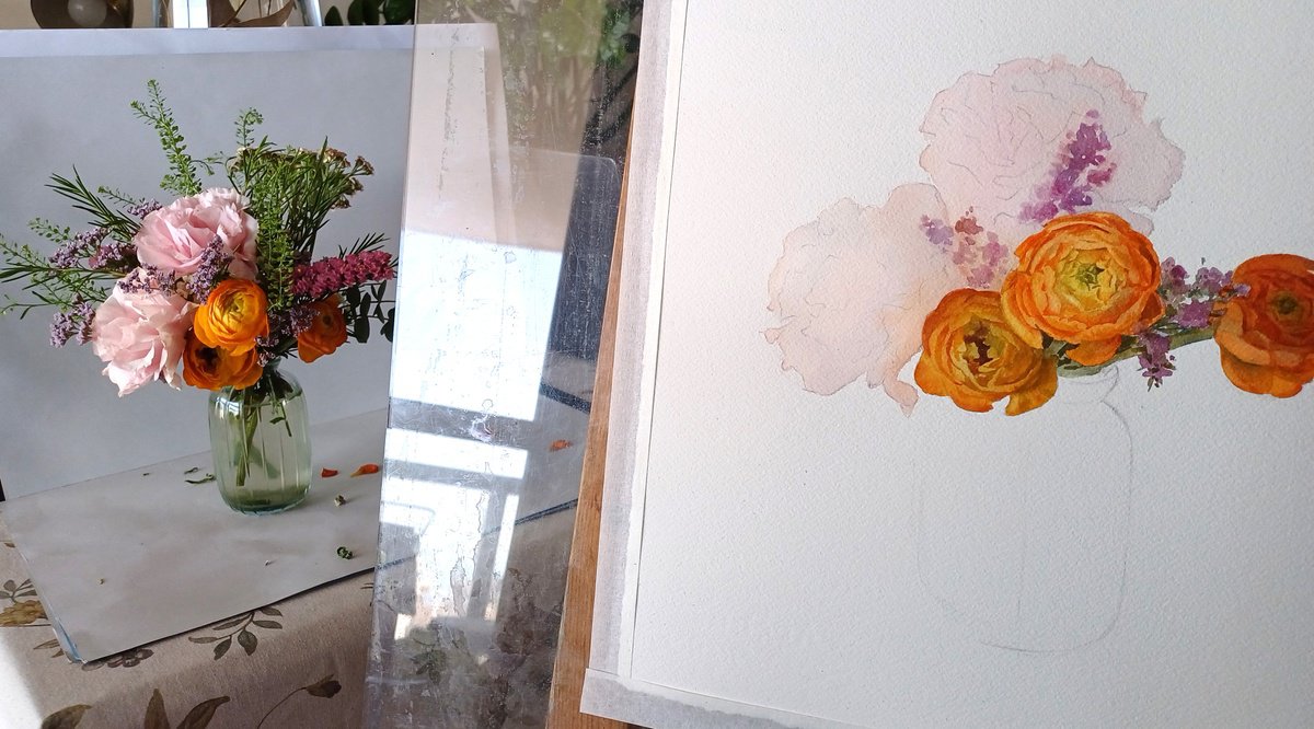 Botanical Watercolour By Yulia Krasnov, 14 X 14", Bouquet With Orange Ranunculus, Original Artwork