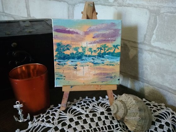 Tropical Sunset and yachts miniature painting