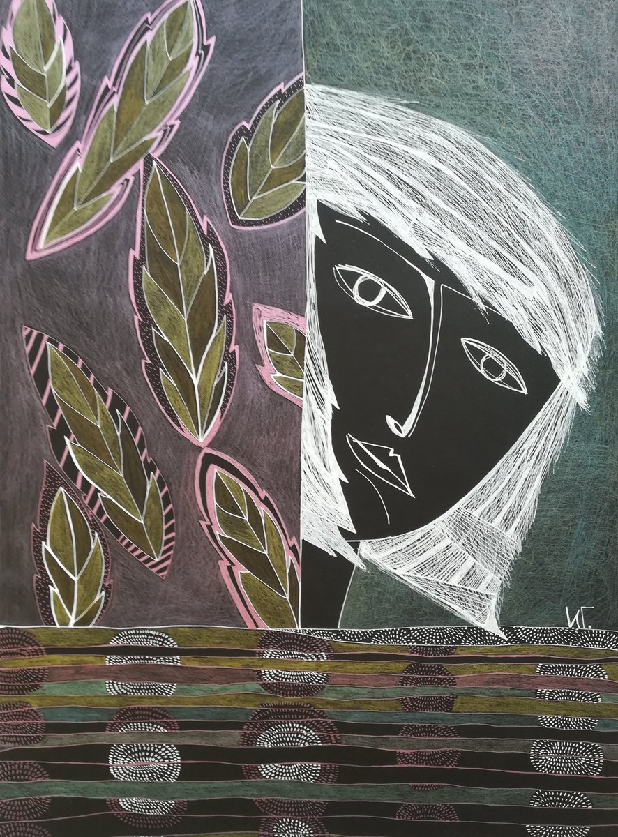 Naive Portrait Drawing By Irina Goleva, 14 X 20, Reveal, Original Artwork