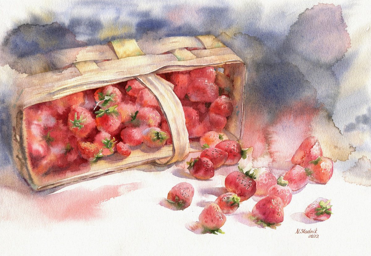 Ukrainian watercolour. Strawberries in a basket by Nina Zakharova