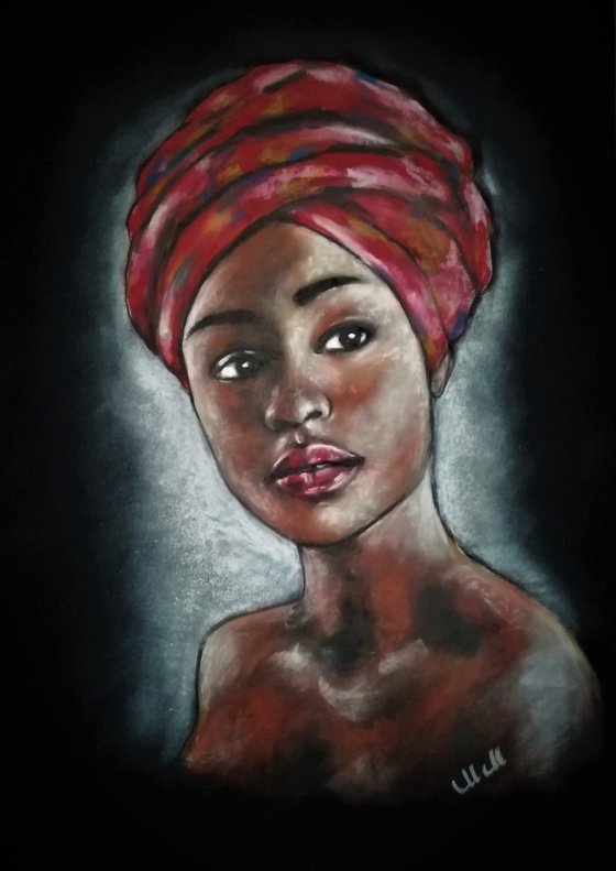 African woman with red scarf - original oil pastel portrait painting