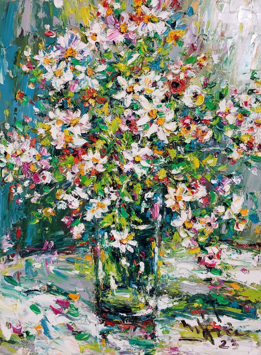 Impressionistic Botanical Oil Painting By Duc Tran, 12 X 16, Wildflowers In The Glass Vase, Original Artwork