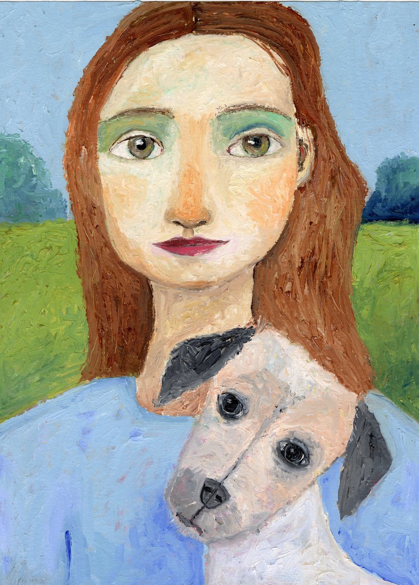 Impressionistic Animal Oil Painting By Sharyn Bursic, 11 X 15", Young Lady With Dog, Original Artwork