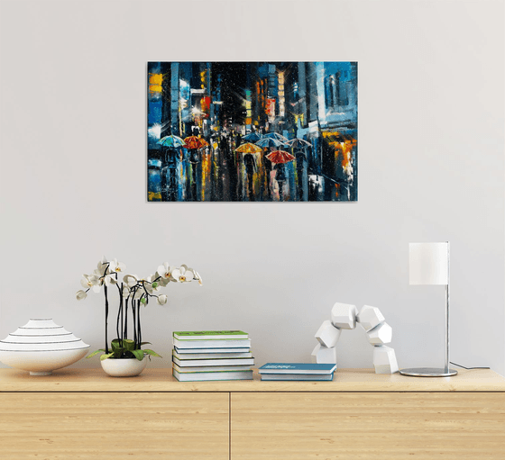 "Street of the night city" people with umbrella , original oil painting