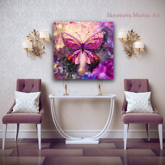 PINK PASSION - Modern pink butterfly. Steampunk style butterfly. Beautiful butterfly. Magic butterfly. Unusual wings. Flight. Crystals. Gold.