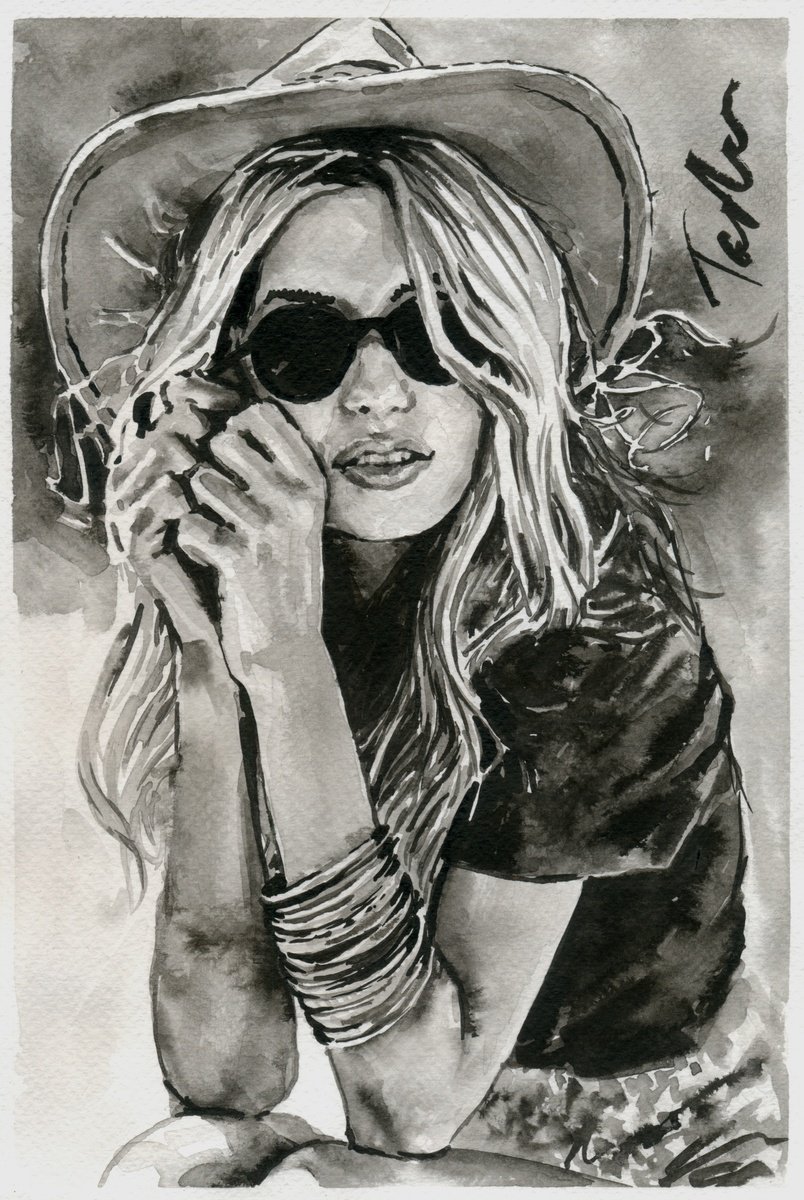 Urban And Pop Portrait Ink Drawing By Tashe, 8 X 12", Summer Style, Original Artwork