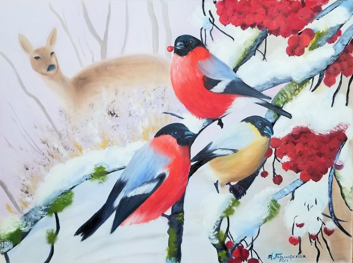 Impressionistic Animal Oil Painting By Alexandra Tomorskaya/Caramel Art Gallery, 24 X 18, Bullfinches On Mountain Ash, Artfinder