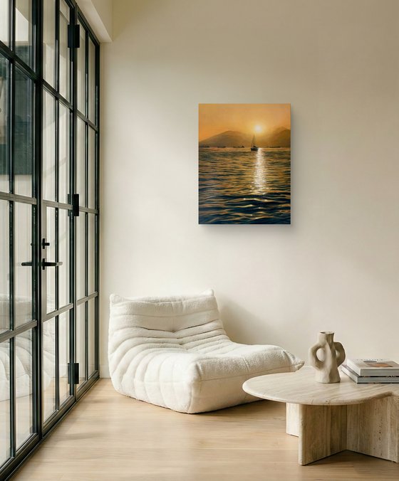 Peace of mind. Sailboat at sunset