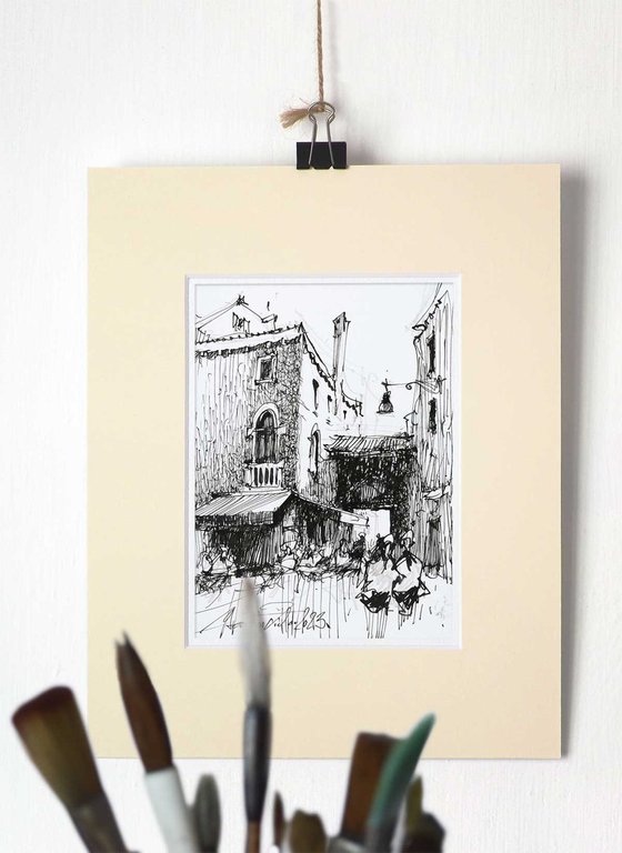 Walk in Venice, Venice Caffe, Original ink drawing.