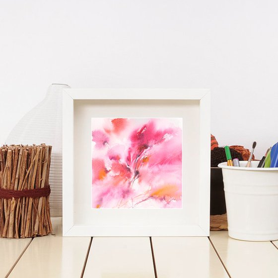 Pink abstract floral painting, small square art