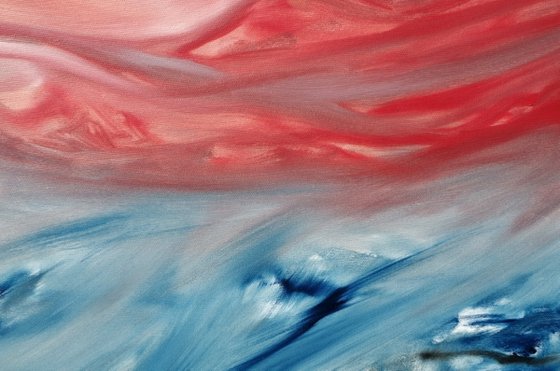 Red sunset on the sea, 80x80 cm, Deep edge, Original abstract painting, oil on canvas