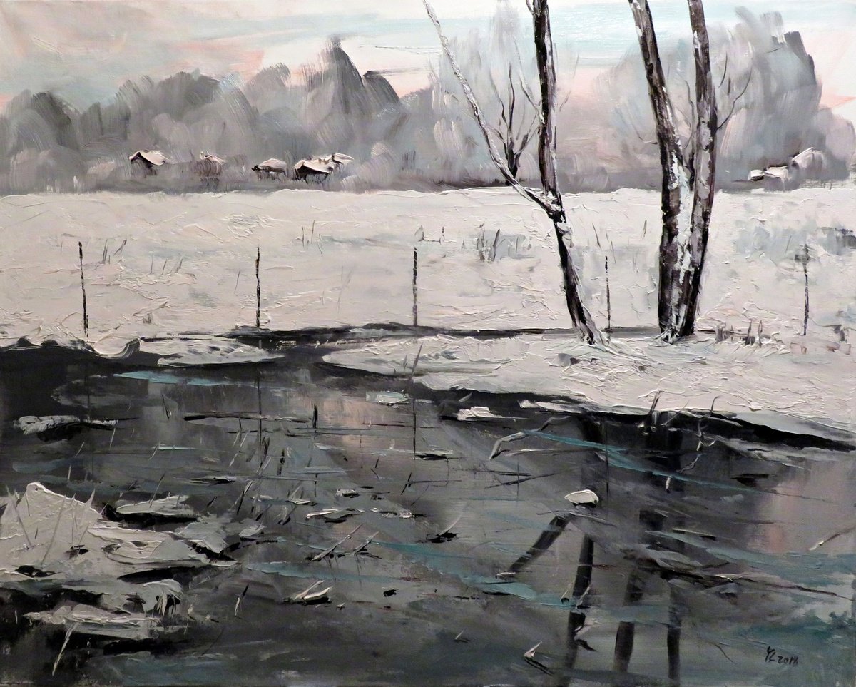 Impressionistic Landscape Oil Painting By Yuanyuan Liu, 32 X 26", Winter Landscape, Original Artwork