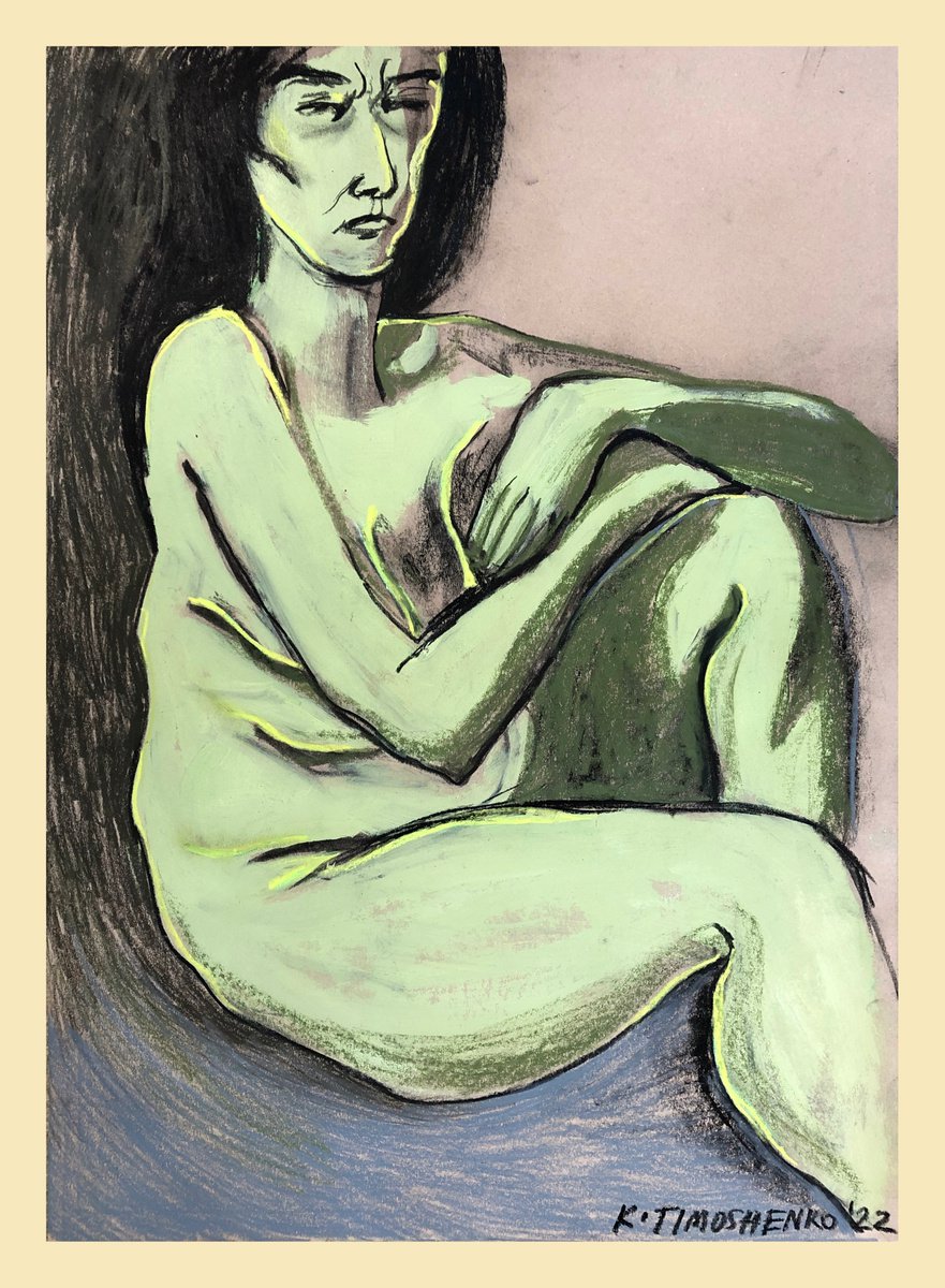 Expressive Portrait Pastel Drawing By Katya Timoshenko, 17 X 23", Aviv In Green, Original Artwork