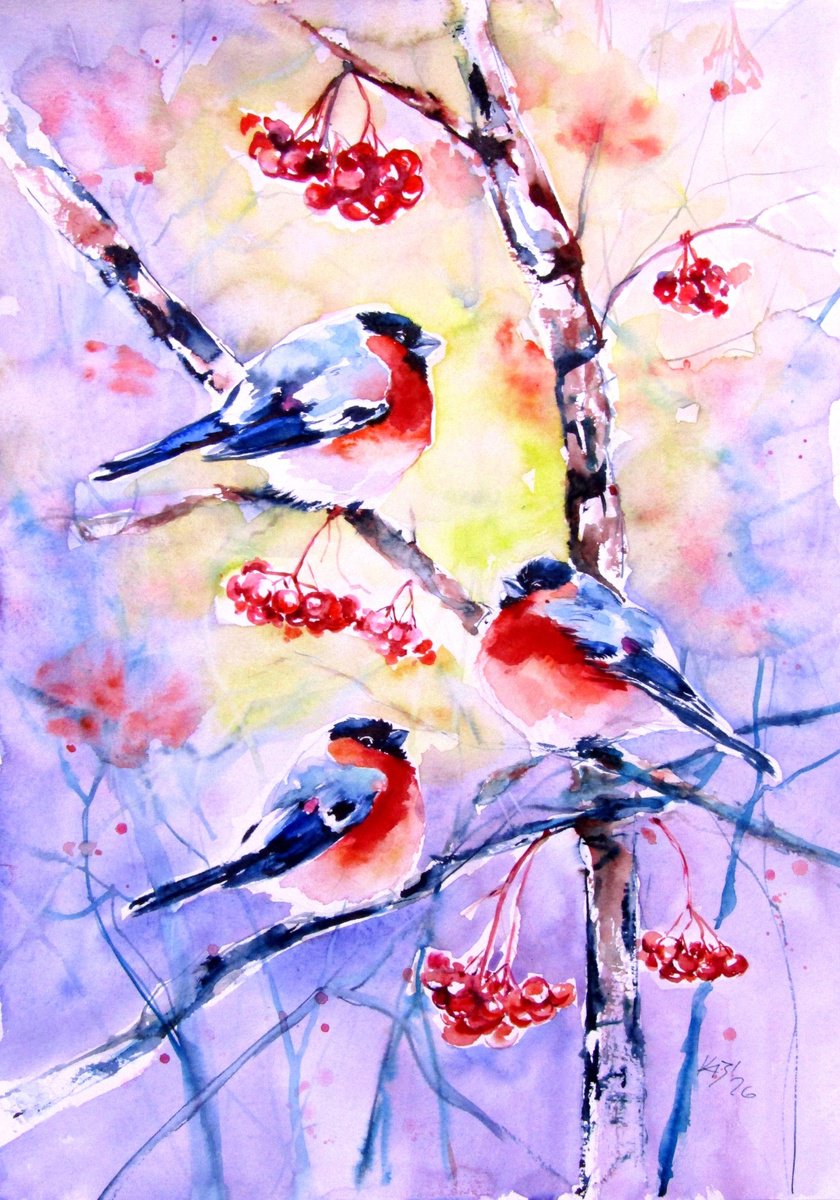 Impressionistic Watercolour , Bullfinches By Kovacs Anna Brigitta, 12 X 17, Artwork For Sale On Artfinder