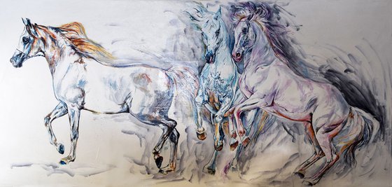 3 colors / Horses 60" x 29" X Large painting / Modern Equine Contemporary