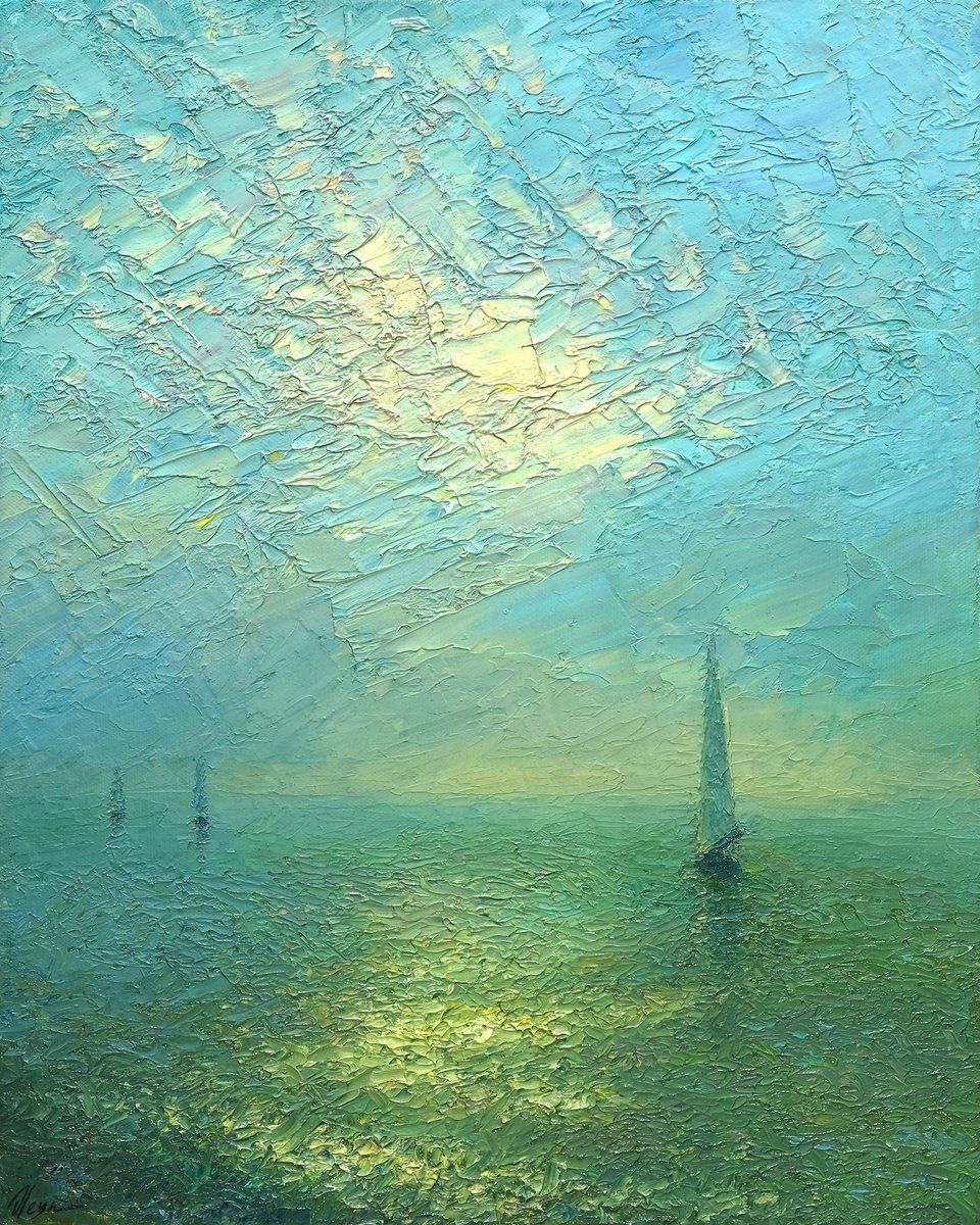 Impressionistic Landscape Oil Painting By Dmitry Oleyn, 16 X 20, Evening Sea, Original Artwork