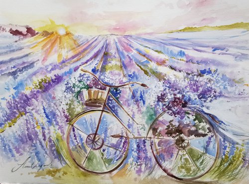 Provence drawing on paper, Bicycle painting by Annet Loginova