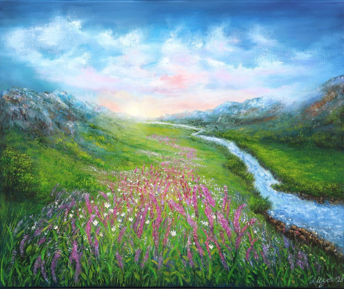 Impressionistic Landscape Oil Painting By Ludmilla Ukrow, 24 X 20", Vibrant Sunrise, Original Artwork