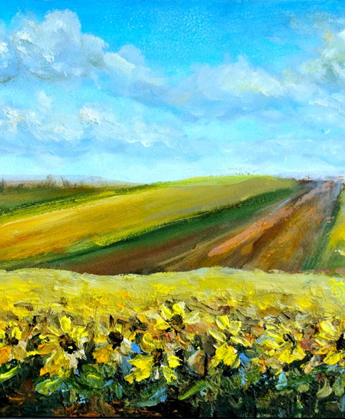 Sunflower Field painting, original oil painting, landscape painting by Elvira Hilkevich