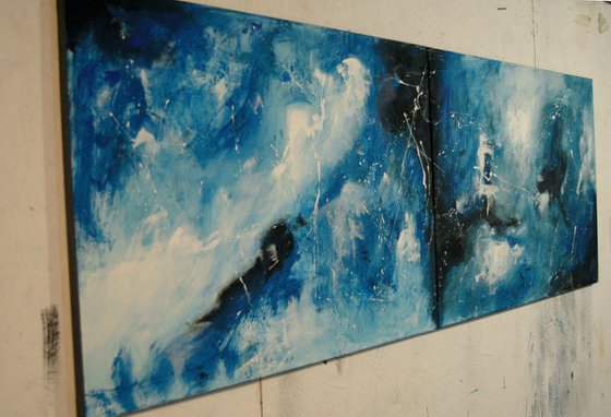 "Back In Blue". X Large panoramic abstract 200 x 70 cm. Diptych.