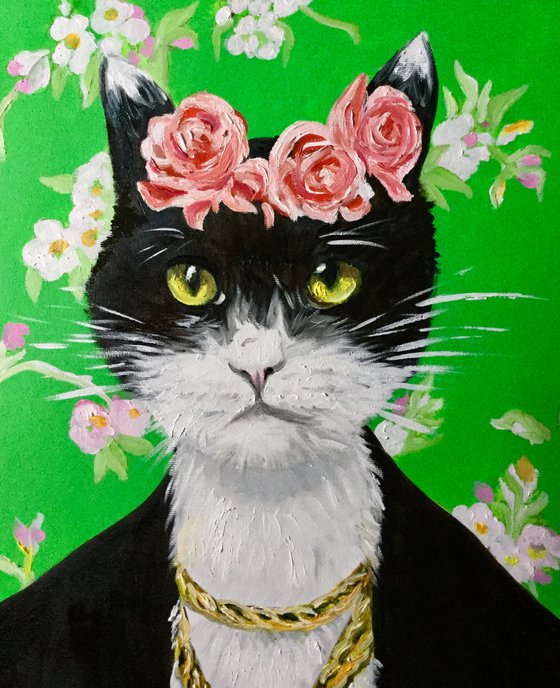 Black cute cat La Frida Kahlo inspired by her self-portrait  with pink roses FELINE ART FOR CAT LOVERS