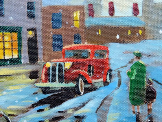 Winter street scene oil painting "New car in town"
