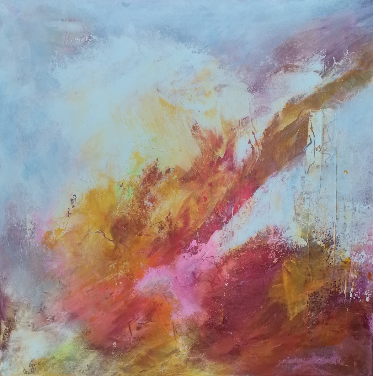 Organic Abstract Acrylic Painting By Doris Duschelbauer, 20 X 20, Energy Flash, Original Artwork