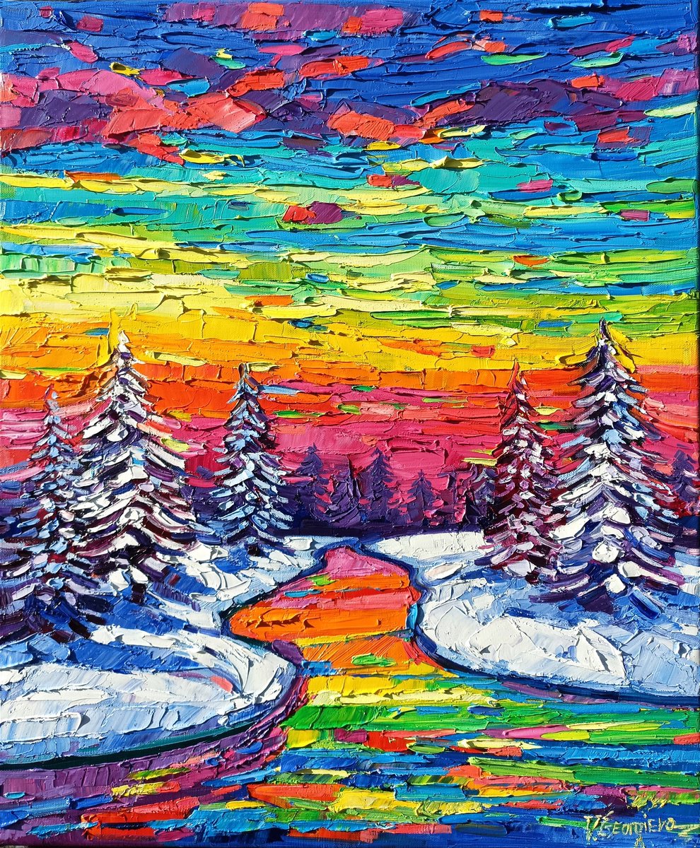 Expressive Landscape Oil Painting By Vanya Georgieva, 20 X 24", Winter Rainbow, Original Artwork