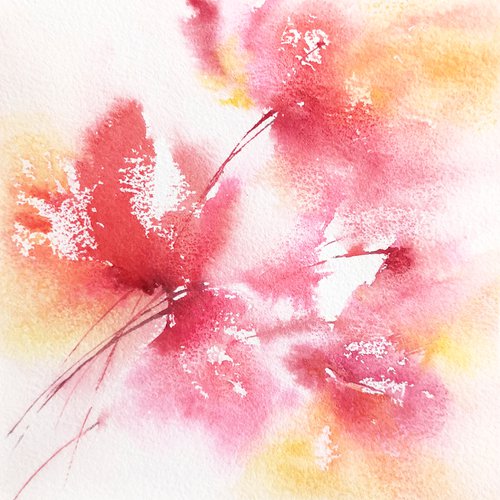 Red abstract flowers, small watercolor painting by Olga Grigo