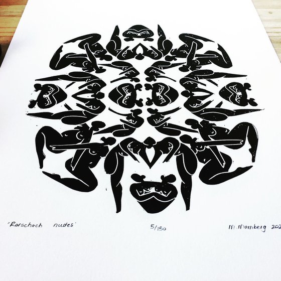 Rorschach themed female nudes Limited edition Lino relief print