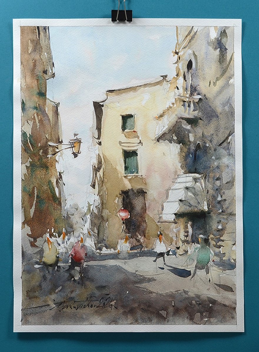 Impressionistic Cityscapes Watercolour By Marin Victor, 9 X 14", Padova, Urban Watercolor., Original Artwork