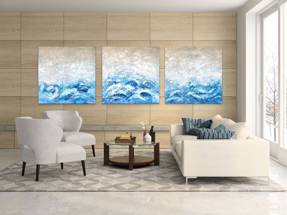 OCEAN WAVES. Large Abstract Blue White Triptych Painting