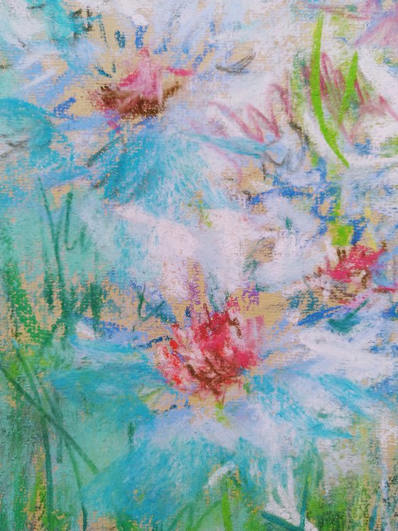 Cornflowers. Pastel drawing on beige paper.