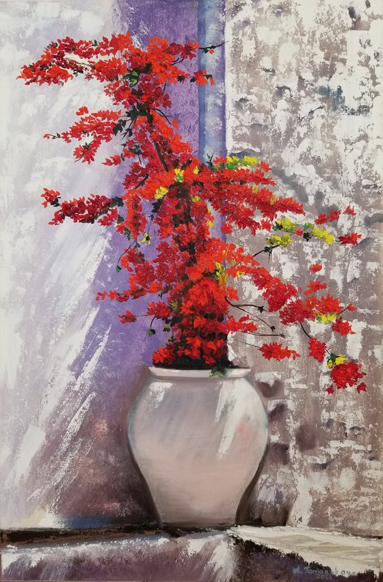 Red Flowers in a Vase. Bougainvillea.
