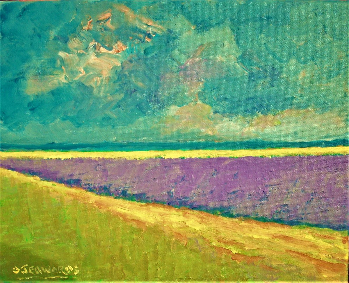 Impressionistic Landscape Acrylic Painting By David J Edwards, 10 X 8, July Lavender Field, Original Artwork