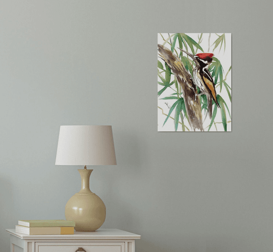 White Naped  Woodpecker, Original watercolor painting