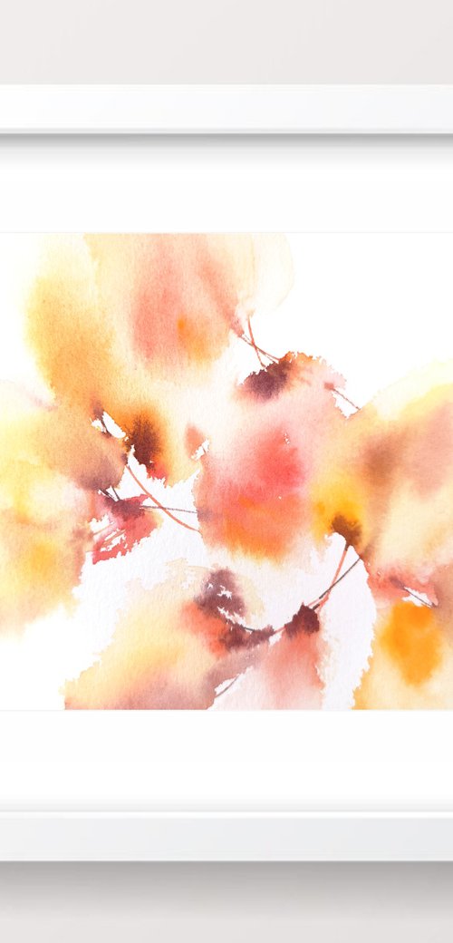 Yellow abstract flowers, small watercolor painting by Olga Grigo