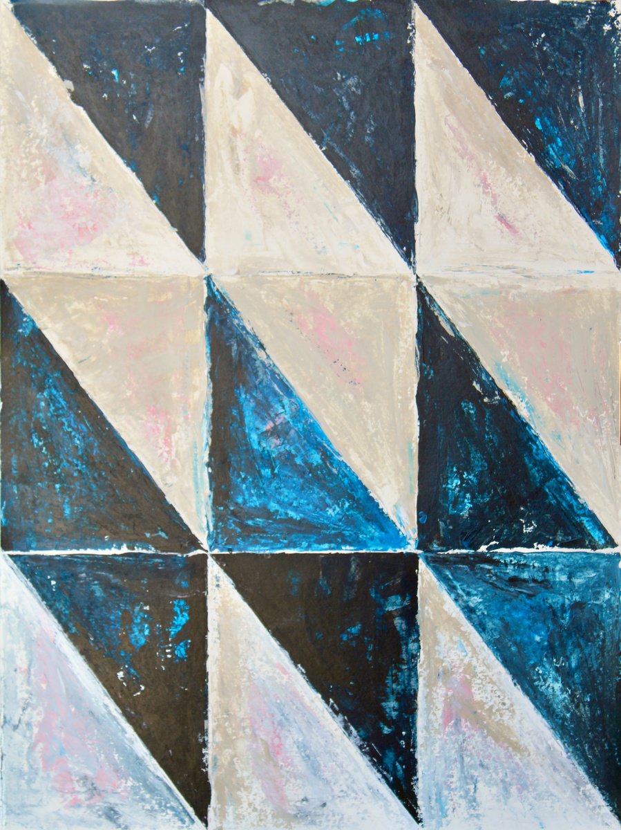 Geometric Abstract Acrylic Painting By Kay Macdonald, 18 X 24", Indigo Triangles, Original Artwork