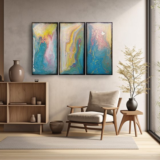 Blue fluid triptych A1118 Abstract art - pouring Paintings on canvas - Original Contemporary Large Acrylic painting by Ksavera