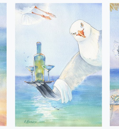 Series Coastal Cafe / ORIGINAL watercolor Unique pictures Seagulls Sea illustration by Olha Malko