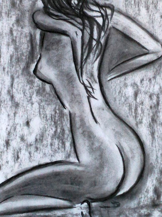 Nude Drawing Female Original Art Woman Nude Painting Black Monochrome Erotic Home Wall Art 13 by 18"  by Halyna Kirichenko