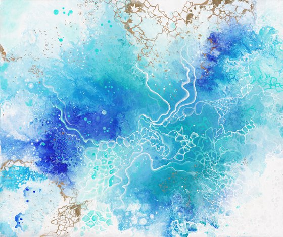 "Blue Lagoon" sea landscape, original acrylic painting, abstract art, office home decor, blue, gold, turquoise