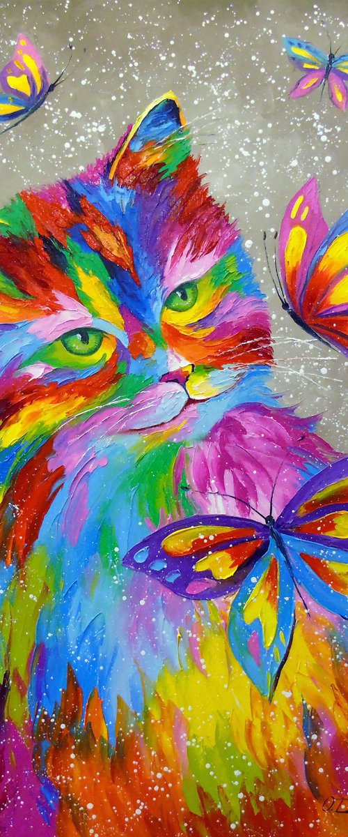 The rainbow cat and butterflies by Olha Darchuk