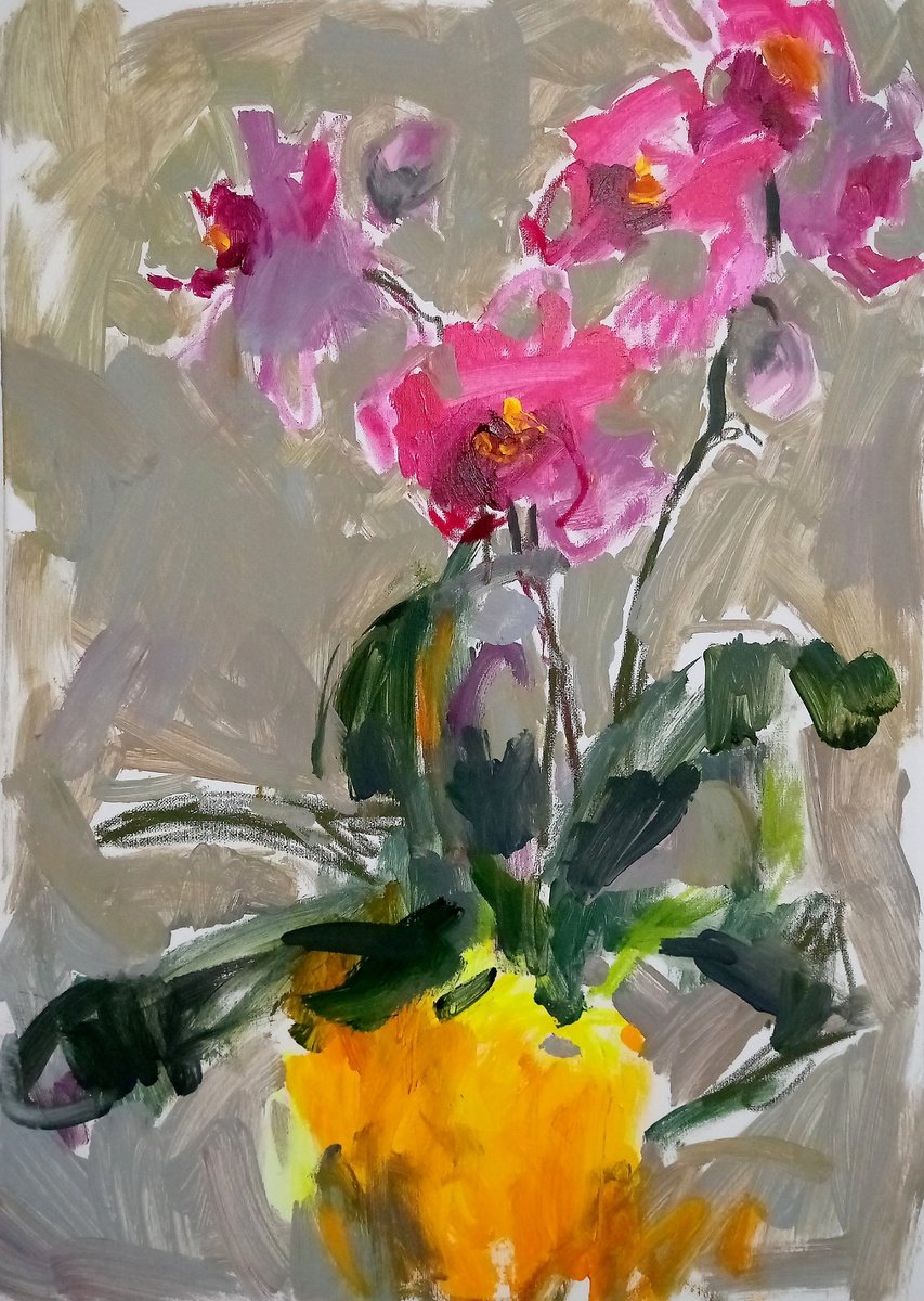 Expressive Botanical Acrylic Painting By Valerie Lazareva, 20 X 28", #32/24 Orchids, Original Artwork