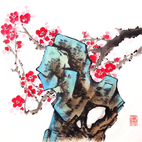Greenish-blue taihushi stone and red Plum - Oriental Chinese Ink Painting by Ilana Shechter