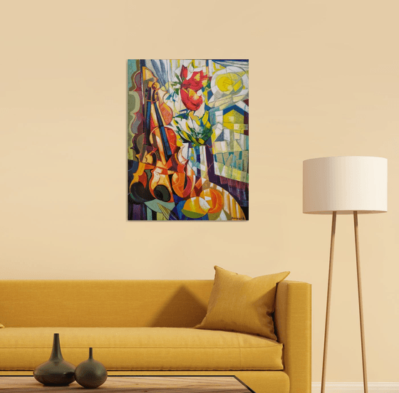 Still life with lemons and violin (60x80cm, cubism, oil painting, ready to hang)
