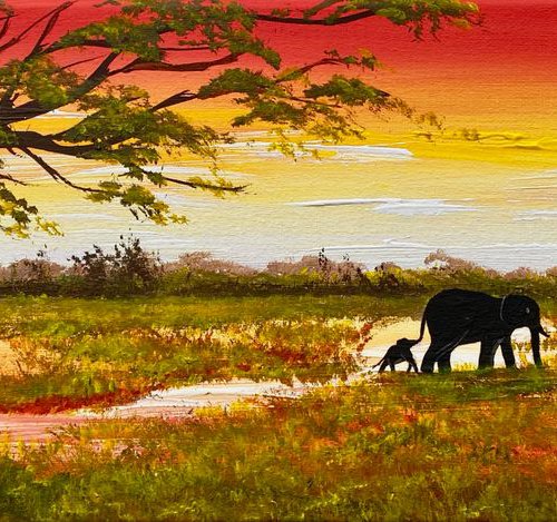 Elephants and Giraffes in the Savannah by Marja Brown